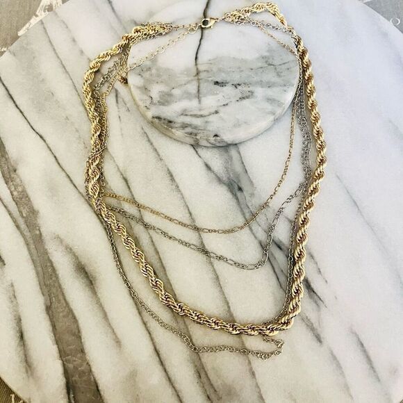Multilayered Chain Necklace Gold and Silver Toned Metal 4 Strand Jewelry Style - Picture 1 of 6